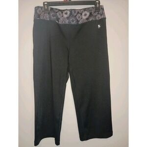 Danskin Now Black Cropped Athletic Leggings Wide Grey Floral Waistband Size Med‎